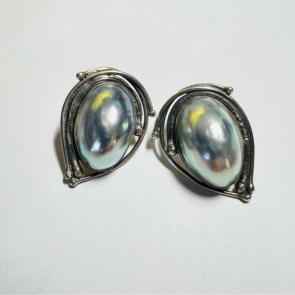 Vintage Sterling Silver and Peacock Mabe Pearl  Post earrings -Rare  Avi Soffer - Picture 14 of 14